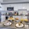 a kitchen with a table and food