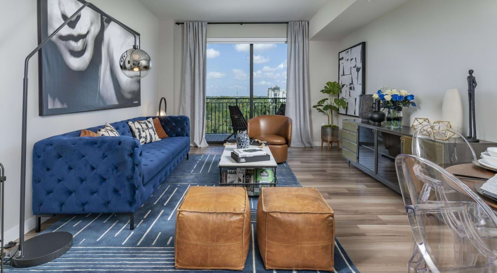 Generous living spaces to relax and unwind a living room with a blue couch