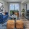 a living room with a blue couch